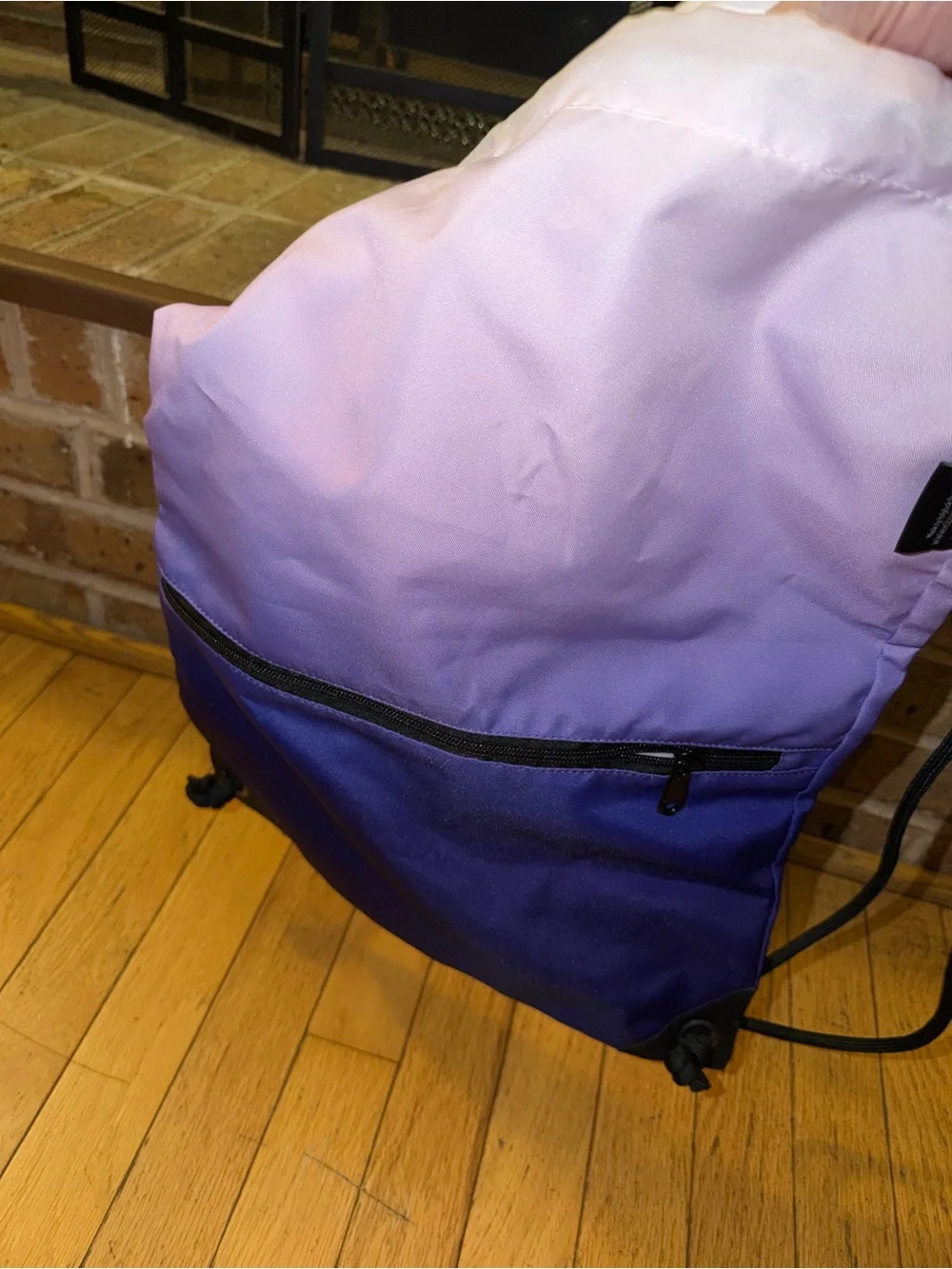 Two-Tone Purple Drawstring Backpack with Front Zip Pocket